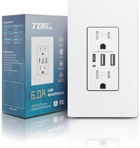 USB C Wall Outlet, 15A Tamper Resistant Receptacle with 3 USB Port, Total 6.0Amp High Charging Power Electrical Outlet, Screwless Wall Plate Include, UL Listed & FCC Approval in Saudi Arabia