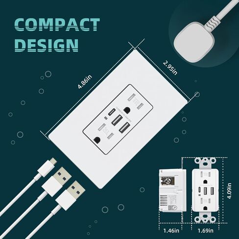 USB C Wall Outlet, 15A Tamper Resistant Receptacle with 3 USB Port, Total 6.0Amp High Charging Power Electrical Outlet, Screwless Wall Plate Include, UL Listed & FCC Approval in Saudi Arabia