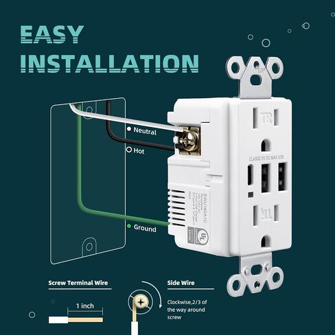 USB C Wall Outlet, 15A Tamper Resistant Receptacle with 3 USB Port, Total 6.0Amp High Charging Power Electrical Outlet, Screwless Wall Plate Include, UL Listed & FCC Approval in Saudi Arabia