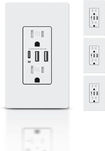 USB C Wall Outlet, 15A Tamper Resistant Receptacle with 3 USB Port, Total 6.0Amp High Charging Power Electrical Outlet, Screwless Wall Plate Include, UL Listed & FCC Approval in Saudi Arabia