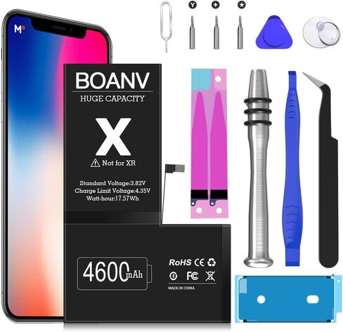 [4600 مللي أمبير] بطارية لهاتف iPhone X (الإصدار الجديد)، استبدال بطارية BOANV فائقة السعة لهاتف iPhone X دورة 0 جديدة مع مجموعة أدوات بديلة احترافية للطراز A1865، A1901، A1902 in Kuwait