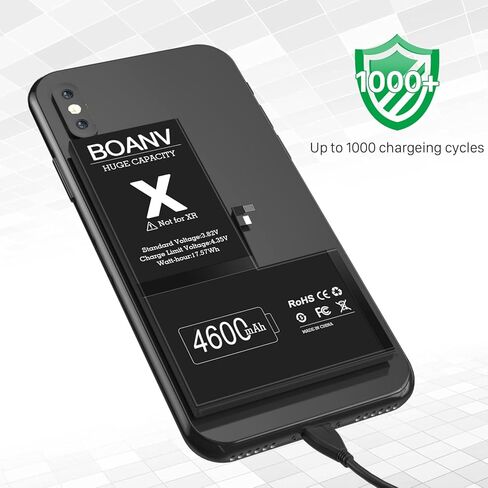 [4600 مللي أمبير] بطارية لهاتف iPhone X (الإصدار الجديد)، استبدال بطارية BOANV فائقة السعة لهاتف iPhone X دورة 0 جديدة مع مجموعة أدوات بديلة احترافية للطراز A1865، A1901، A1902 in Kuwait