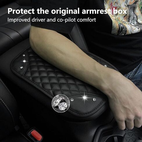 قطعة واحدة من وسادة وحدة التحكم لمسند الذراع التلقائي من Bling Crystals، حافظة واقية من جلد البولي يوريثان العالمي لراحة الذراع وإكسسوارات ديكور السيارة الماسية للنساء (أسود) in Kuwait