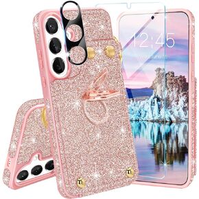 Fingic Samsung Galaxy S24 Ultra Case Wallet[1*Screen Protector+Camera Protector][360°Ring Holder]with 5 Card Holder Glitter Sparkle Kickstand RFID Blocking Protective Case for S24 Ultra Case,Rose Gold