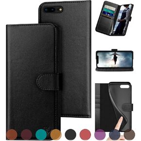 for iPhone 7 Plus/8 Plus Genuine Leather Wallet case 【RFID Blocking】【4 Credit Card Holder】【Real Leather】 Flip Folio Book Phone case Protective Cover Women Men for apple 8 Plus case Wine Red