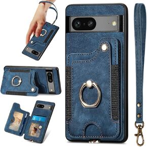 JanCalm for Pixel 7 Case,Card Holder Wallet for Google Pixel 7 Case,Ring Holder Stand,RFID-Blocking,Wrist Strap,Camera Protector,Leather Protective Magnetic Flip Cover (Purple)