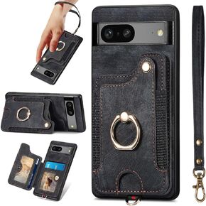 JanCalm for Pixel 7 Case,Card Holder Wallet for Google Pixel 7 Case,Ring Holder Stand,RFID-Blocking,Wrist Strap,Camera Protector,Leather Protective Magnetic Flip Cover (Purple)