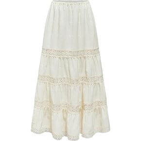 CIDER Santorini Beach Vacation Woven Mid Rise Floral Ruffle Hem Tiered Maxi Skirt