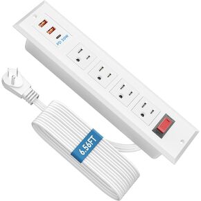 BTU Recessed Power Strip with USB Ports, Furniture Flush Mount Power Strip Outlet, Desktop Power Grommet with 4 Outlets & 2 USB Ports Recessed Outlet for Desk, Conference (Black + 4AC + 2USB-A)