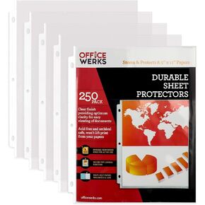 Office Werks 250 Sheet Protectors, 8.5 X 11 Inch Clear Page Protectors for 3 Ring Binder, Plastic Sheet Sleeves Protectors, Durable Top Loading Paper Protector with Reinforced Holes, Archival Safe