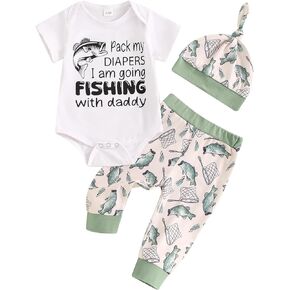 Lamuusaa Newborn Baby Boy Outfits Short Sleeve Letter Print Romper Fish Patterns Long Pants Hat 3Pcs Summer Clothes 0-18M