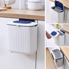 ELPHECO Kitchen Compost Bin, 9.5 Litre Hanging Trash Can with Lid, Kitchen Cabinet Door Under Sink Plastic Garbage Can Compost Bin Wall Mounted Slide Open, 2.5 Gallon Under Kitchen Counter Bin, White