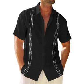قميص كتان رجالي من Runcati Guayabera كوبي بأكمام قصيرة وأزرار سفلية من القطن للصيف والشاطئ هيبي