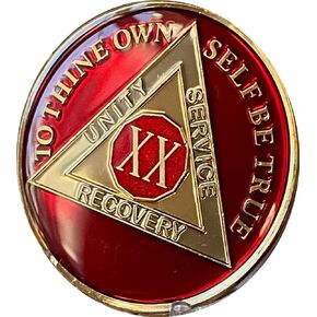20 Year AA Medallion Metallic Mandarin Red Sobriety Chip Serenity Prayer Back