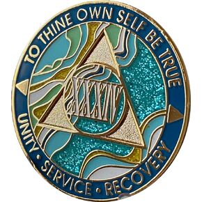 34 Year AA Medallion Elegant Marble Caribbean Aqua Glitter Gold Sobriety Chip