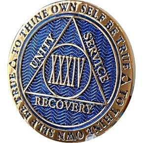 34 Year AA Medallion Dusty Blue Color Gold Plated Chip XXXIV