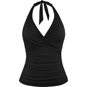 Hilor Women's Underwire Tankini Tops Ruched Tummy Control Bathing Suit Tops Plunge Halter V Neck Swimsuit Twist Swim Top Only