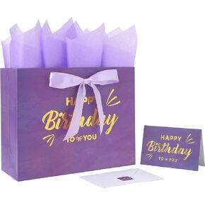 13" Large Purple Painting Gift Bag Set with Greeting Card and Lavender Tissue Papers (Gold Foil Happy Birthday) for Women's Birthday Party, Girls' Birthday Parties, Baby Shower, Baby Girl -