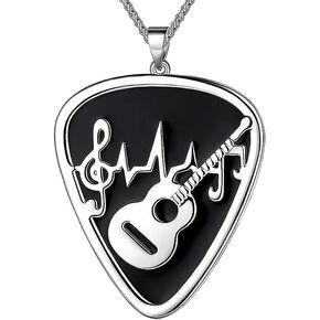 Guitar Pick Necklace - Stainless Steel Guitar with Music Note Pendant Jewelry Instrument Accessories for Men Women