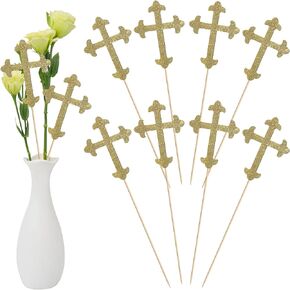 30 Pcs Baptism Gold Glitter Cross Centerpiece Sticks 10" Double Side Cross Baby Shower Cake Toppers Centerpieces for Tables Wedding Birthday Party Religious Christening Decoration