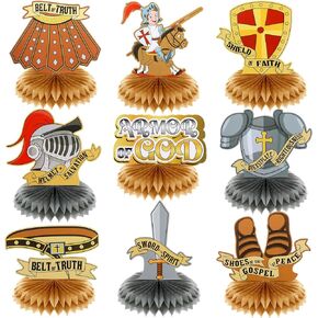 9 Pcs Armor of God Honeycomb Centerpieces Bible Verse Religious Themed Party Decorations 3D Armor Knight Medieval Table Decor for Table Party Supplies