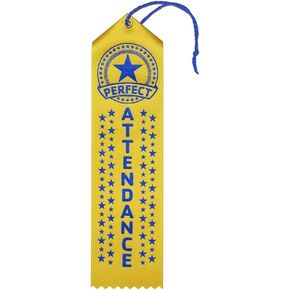 Perfect Attendance Award Ribbons - 100 Yellow Ribbons with Card & String