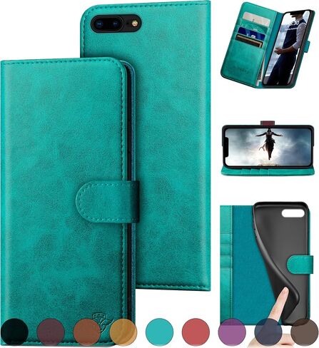 for iPhone 7 Plus/8 Plus Genuine Leather Wallet case 【RFID Blocking】【4 Credit Card Holder】【Real Leather】 Flip Folio Book Phone case Protective Cover Women Men for apple 8 Plus case Wine Red in Saudi Arabia