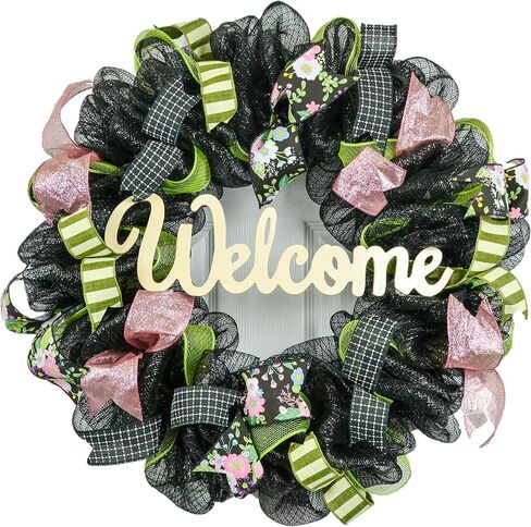 Spring Welcome Wreath | Floral Everyday Door Wreath | Moss Green Pink Ivory Black | Gift for Mom in Saudi Arabia