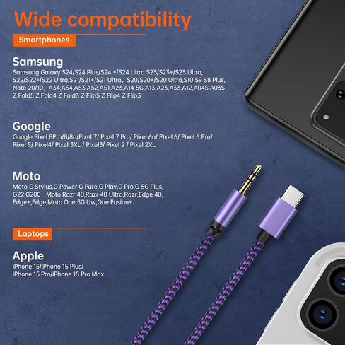 Google Pixel 8a/8/7a/6 Aux to 3.5mm USB Type C Audio Jack Cable for Samsung Galaxy A55/A15/A35/S24/S23/S22/S21,3.3FT to Male Adapter Dongle Cord Car Headphone Stereo Cable for iPhone 15 Pro Max Plus in Saudi Arabia