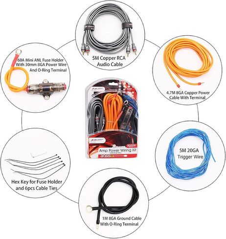 Magic source Amp Wiring Kits 8 Gauge 5M/16.4Feet OFC Power Cable+Copper RCA Cable+60A Mini Fuse Holder+Trigger Wire for Car Audio Amplifier Installation Wiring Kit (8 Gauge) in Saudi Arabia