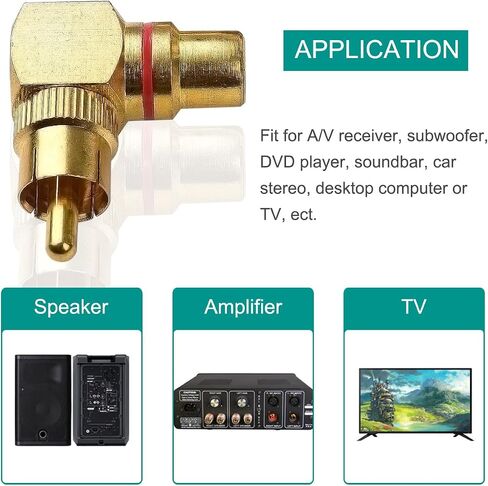 محول الزاوية اليمنى RCA، قابس فونو RCA 90 درجة أنثى إلى ذكر موصل مطلي بالذهب 6 قطع (3 أحمر، 3 أسود) لكابل RCA DVD مكبر صوت ستيريو للسيارة in Saudi Arabia