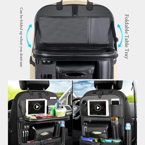 Car Backseat Organizer with Foldable Table Tray,Car Storage Organizer with Tablet Holder,Car Seat Back Protectors Kick Mats,Premium PU Leather Material,Compatible with Most Vehicles in Saudi Arabia