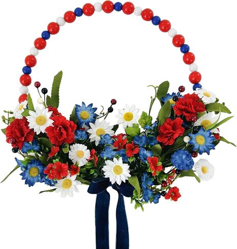 TEMPUS 4th of July Independence Day Wreath Red, White and Blue Wooden Bead Wreath Artificial Daisy Ring Wreath 16 inch Patriotic Decorations for Front Door，Memorial Day Flag Day Veterans Day in Saudi Arabia