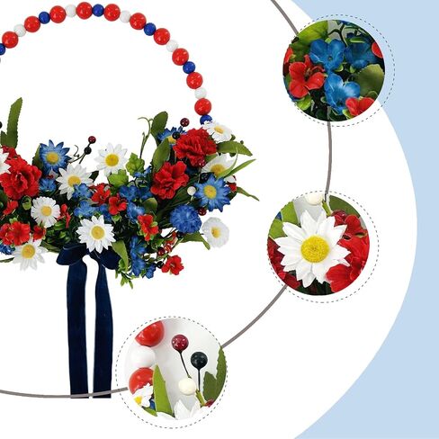 TEMPUS 4th of July Independence Day Wreath Red, White and Blue Wooden Bead Wreath Artificial Daisy Ring Wreath 16 inch Patriotic Decorations for Front Door，Memorial Day Flag Day Veterans Day in Saudi Arabia