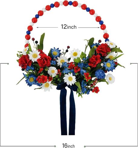 TEMPUS 4th of July Independence Day Wreath Red, White and Blue Wooden Bead Wreath Artificial Daisy Ring Wreath 16 inch Patriotic Decorations for Front Door，Memorial Day Flag Day Veterans Day in Saudi Arabia