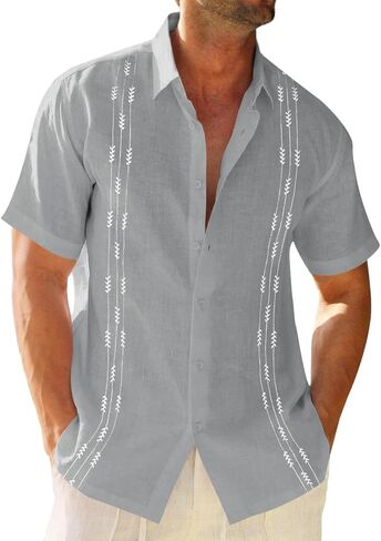 Runcati Mens Linen Shirt Guayabera Cuban Short Sleeve Button Down Cotton Summer Beach Hippie Shirts in Saudi Arabia