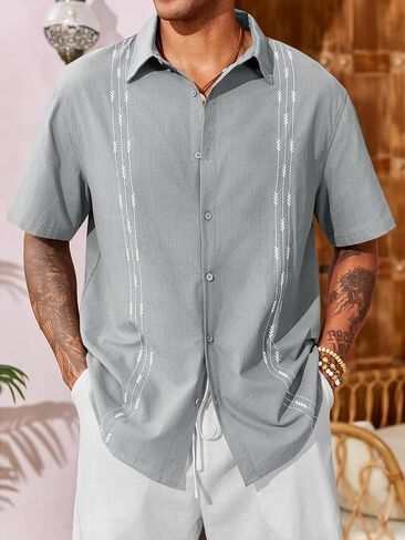 Runcati Mens Linen Shirt Guayabera Cuban Short Sleeve Button Down Cotton Summer Beach Hippie Shirts in Saudi Arabia
