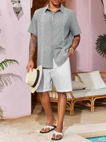 Runcati Mens Linen Shirt Guayabera Cuban Short Sleeve Button Down Cotton Summer Beach Hippie Shirts in Saudi Arabia
