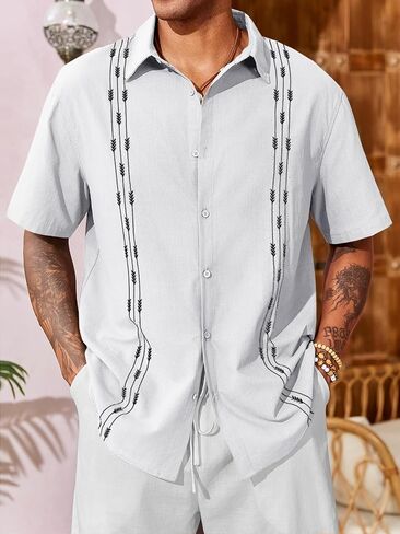 Runcati Mens Linen Shirt Guayabera Cuban Short Sleeve Button Down Cotton Summer Beach Hippie Shirts in Saudi Arabia