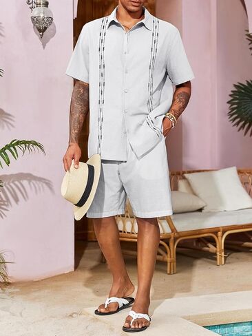 Runcati Mens Linen Shirt Guayabera Cuban Short Sleeve Button Down Cotton Summer Beach Hippie Shirts in Saudi Arabia