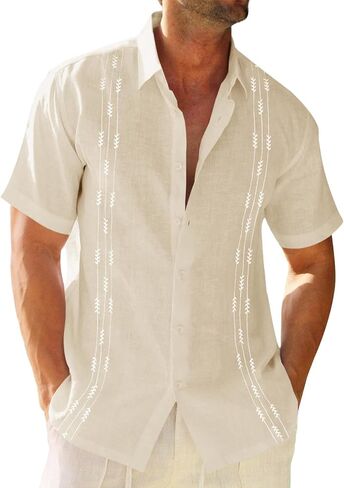 قميص كتان رجالي من Runcati Guayabera كوبي بأكمام قصيرة وأزرار سفلية من القطن للصيف والشاطئ هيبي in Saudi Arabia