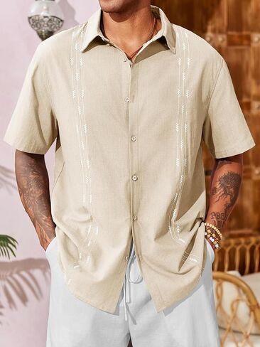 قميص كتان رجالي من Runcati Guayabera كوبي بأكمام قصيرة وأزرار سفلية من القطن للصيف والشاطئ هيبي in Saudi Arabia