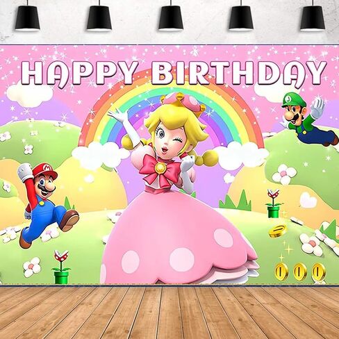 الأميرة الخوخ عيد ميلاد حزب راية الديكور، kawaii ماريو الأميرة الخوخ عيد ميلاد سعيد حزب خلفية 5 × 3ft خلفية التصوير الفوتوغرافي للأطفال الفتيات الفتيان الخوخ المشجعين عيد ميلاد حزب اللوازم in Saudi Arabia