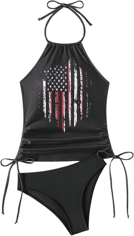 Floerns Women's Flap Print Bathing Suit Halter Neck Drawstring Side Tankini Swimsuits in Saudi Arabia