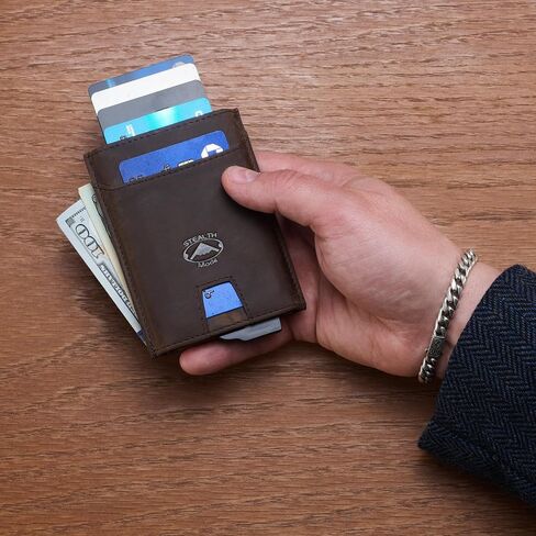 محفظة معدنية منبثقة لوضع التخفي - محفظة أمامية رفيعة تحجب تقنية RFID للرجال - محفظة رجالية من جلد نابا مع 8 حاملات بطاقات، وحامل بطاقات الهوية مع نافذة شفافة وجيب للفواتير - (أسود) in Kuwait