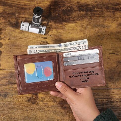 Premium Men's Bifold Wallet - Top Grain Leather with Dual ID Windows | Advanced RFID Protection | Slim Design with 8 Card Slots | Durable Stitching | Fathers Day Gift for Him in Saudi Arabia