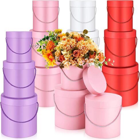 Cholemy 12 Set Round Flower Boxes with Lids 3 Sizes Round Gift Boxes for Arrangements Nesting Gift Box with Handle for Mother's Day Graduation Wedding Birthday(Pink, Red, White, Black) in Kuwait