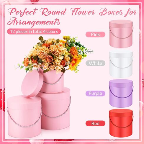 Cholemy 12 Set Round Flower Boxes with Lids 3 Sizes Round Gift Boxes for Arrangements Nesting Gift Box with Handle for Mother's Day Graduation Wedding Birthday(Pink, Red, White, Black) in Kuwait