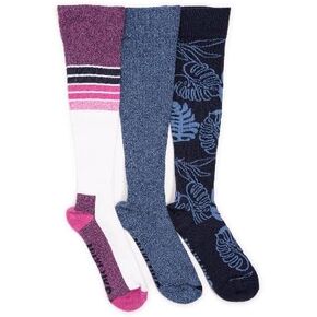 MUK LUKS Women's 3 Pack Cotton Compression Knee-High Socks, Navy, One Size Wide