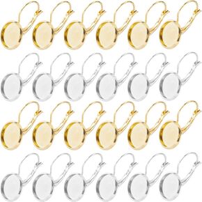 SUNNYCLUE 1 Box 40Pcs 304 Stainless Steel Earring Hooks Leverback Hoop Earrings Cabochon Setting 12mm Tray Gold Silver Flat Round Blank Bezel Earring Findings for Jewelry Making Earrings Supplies